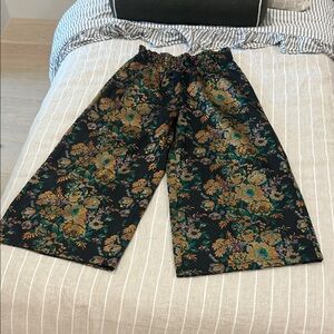 Anthropologie Black Jacquard Wide-Leg Pants with Metallic Gold & Teal Floral